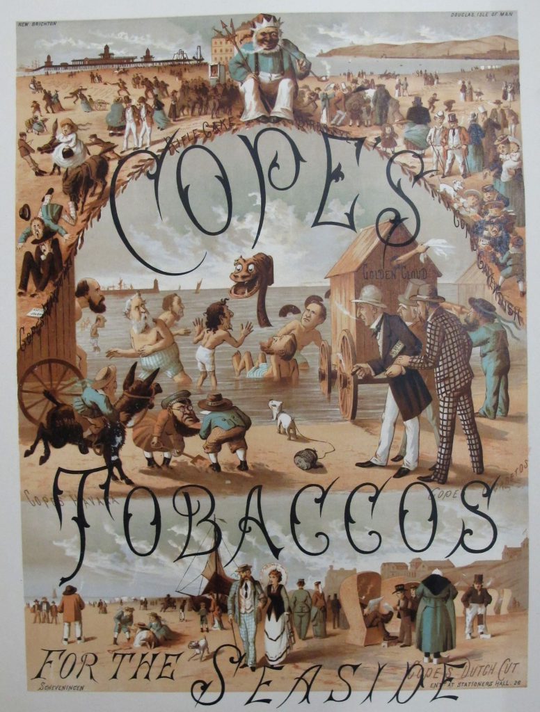 Advertising poster for Cope's tobacco products, showing illustrations of beachgoers on famous English and Dutch beaches.