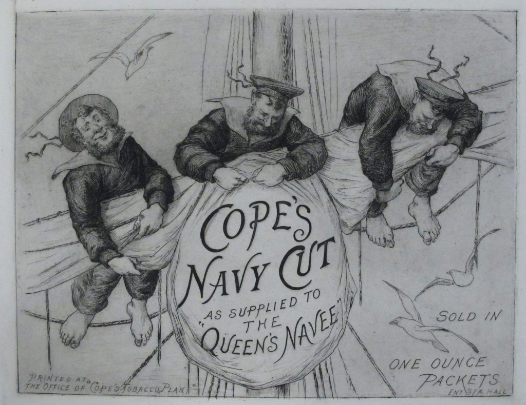 Tobacco label showing three sailors tying down a sail.