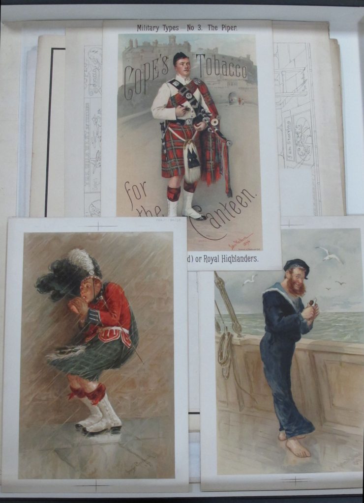 Three tobacco advertising posters showing a bagpiper with pipe in front of Edinburgh Castle, a kilted man lighting a cigarette in the rain, and a sailor cutting tobacco.