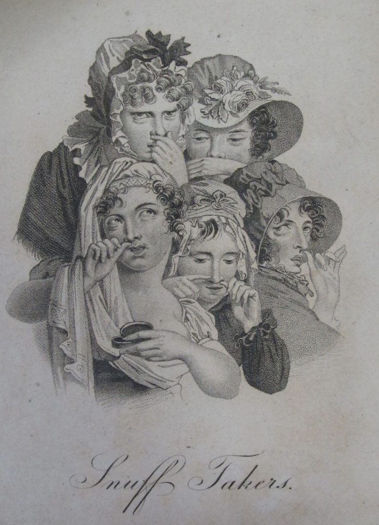Nineteenth-century engraving of women 'Snuff Takers' as included in an album of collected English tobacco labels in the Fraser Collection.