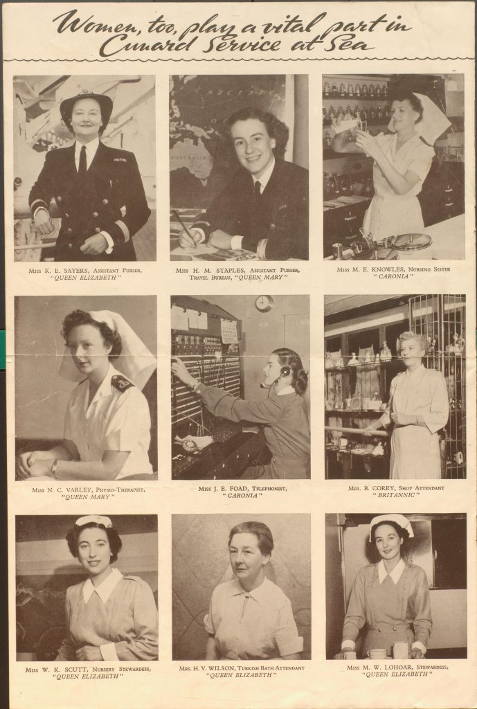 Page from magazine/newspaper with six photographs of women employed on Cunard ships