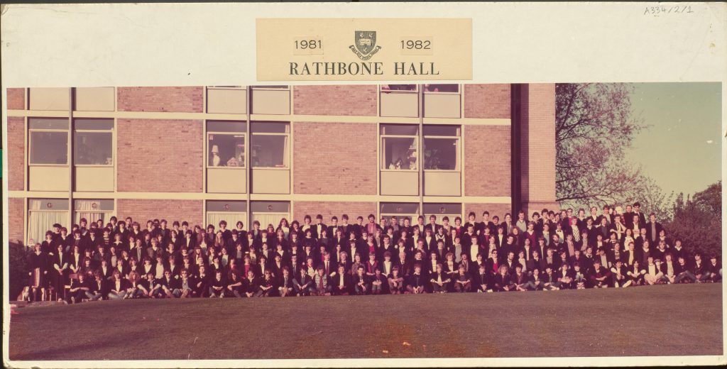 Colour photograph of the students of Rathbone Hall in 1981