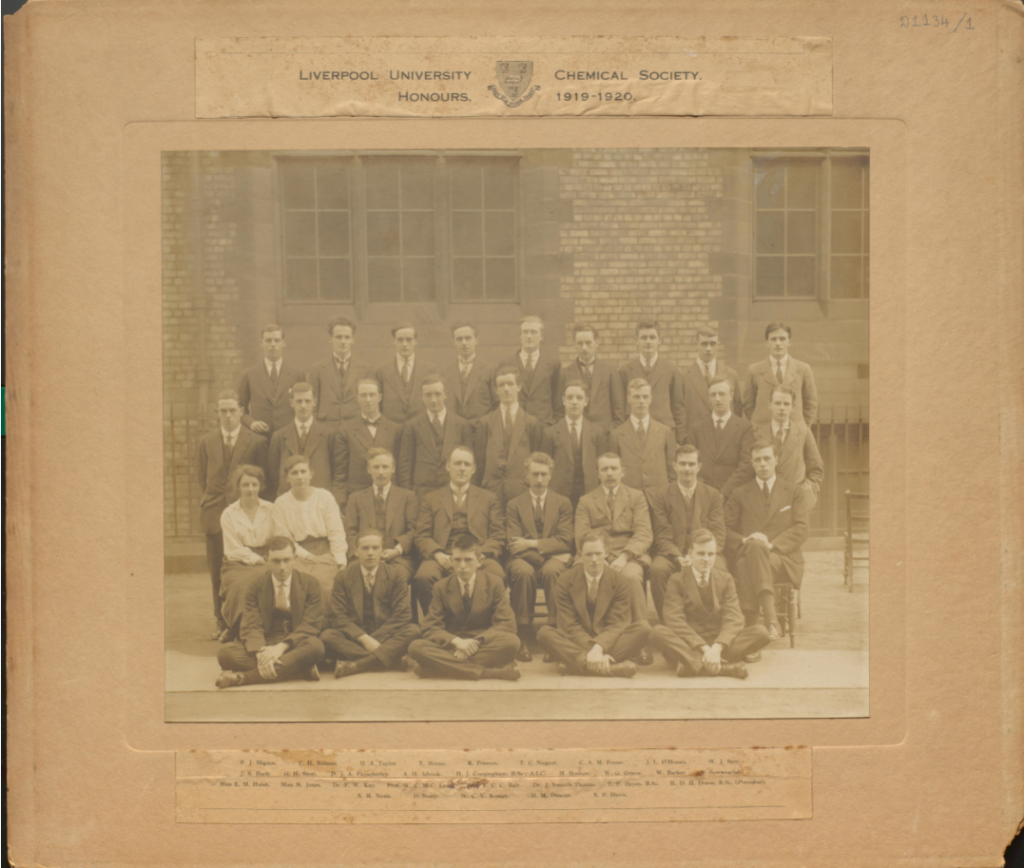 Black and white photograph with names for the Chemical Society of the University of Liverpool, 1919-1920
