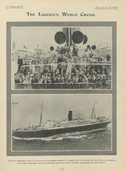 Page from the Cunard magazine showing passengers on the Laconia cruise