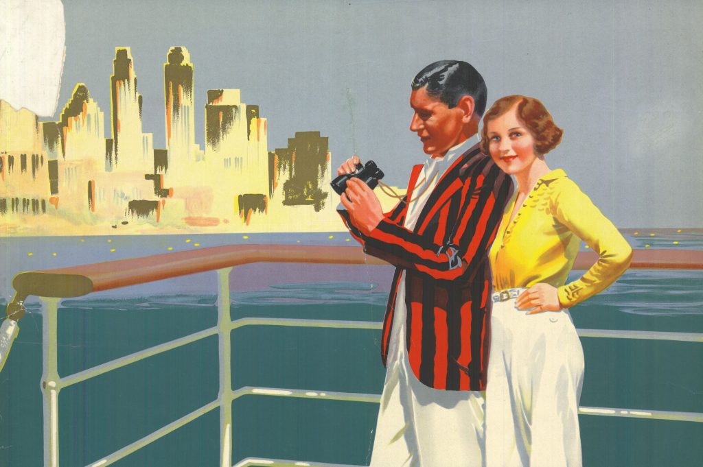 Cunard travel poster 1930s passengers on deck